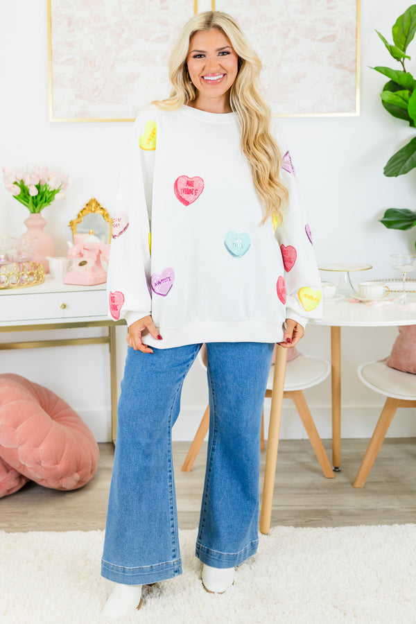 Chic Soul plus size clothing, white long sleeve pullover with multi colored sequin candy hearts