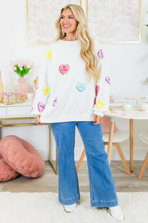 Chic Soul plus size clothing, white long sleeve pullover with multi colored sequin candy hearts