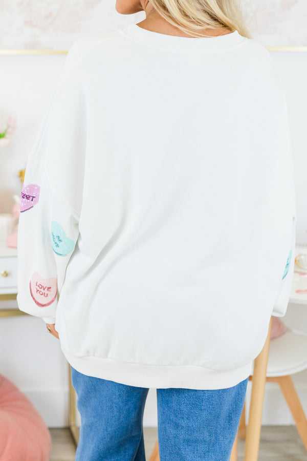 Chic Soul plus size clothing, white long sleeve pullover with multi colored sequin candy hearts