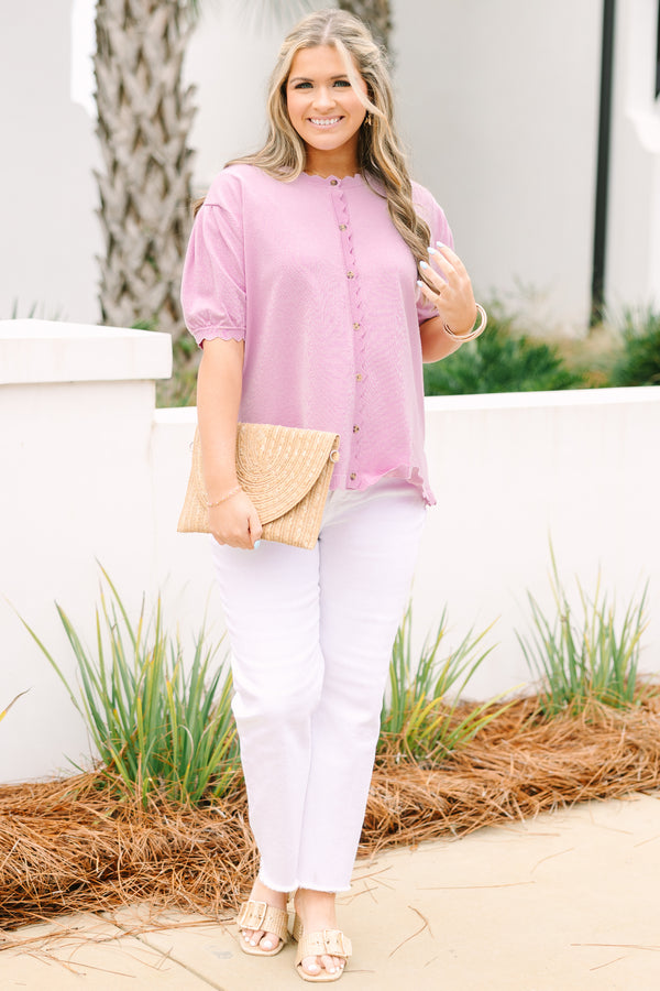 Chic Soul plus size clothing, light lavender short sleeve button up cardigan with scalloped edges and trim
