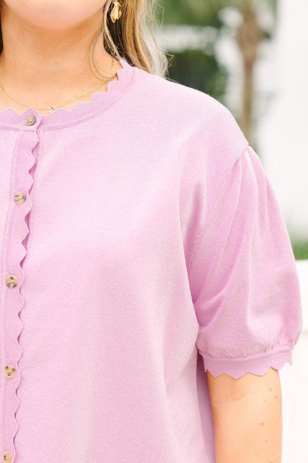 Chic Soul plus size clothing, light lavender short sleeve button up cardigan with scalloped edges and trim

