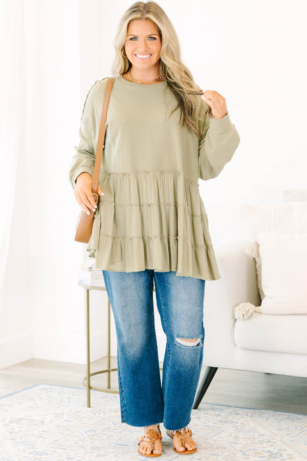 Chic Soul plus size clothing, olive long sleeve top with round neckline and cuff sleeves with tiered ruffle detail along the bottom