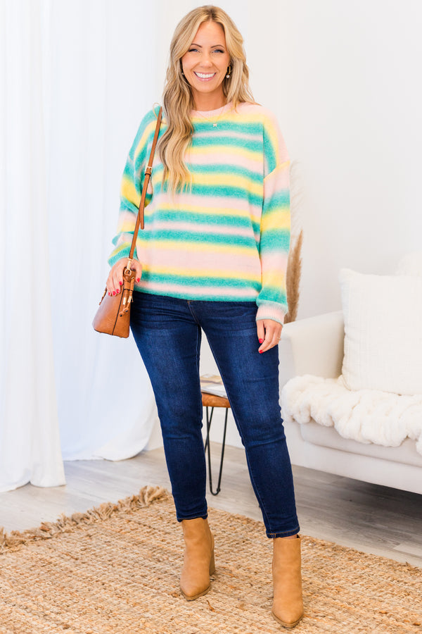 Chic Soul plus size clothing, mint-ivory-yellow faded horizontal stripe pattern sweater with round neckline and cuff sleeves