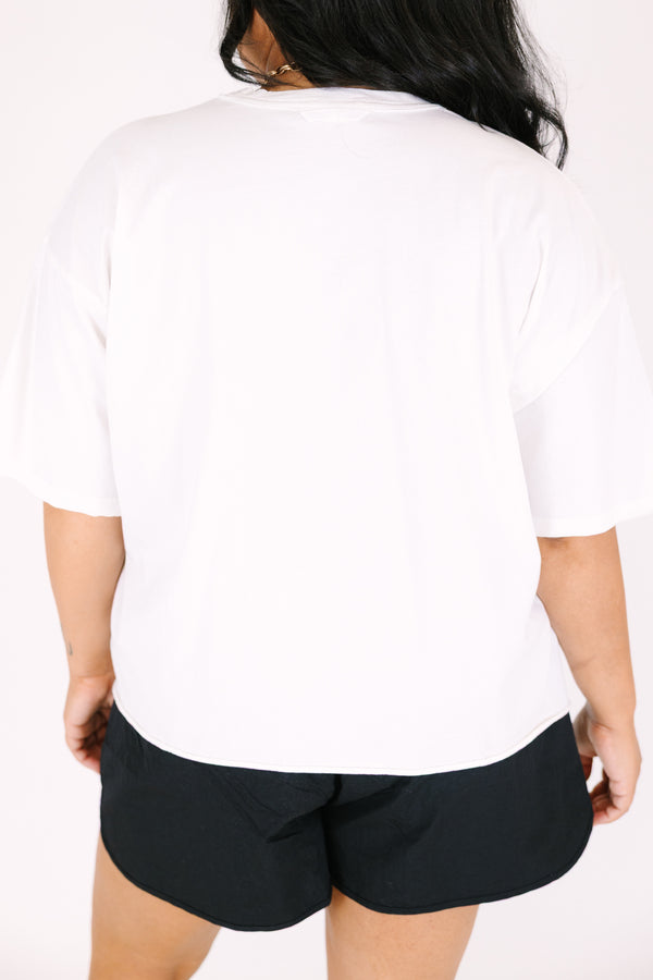 Chic Soul plus size clothing, White short sleeve graphic tee with the number 76 printed in a orange block font and outlined in a blue as well as the word 