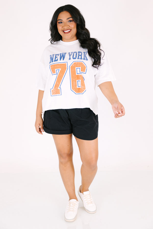 Chic Soul plus size clothing, White short sleeve graphic tee with the number 76 printed in a orange block font and outlined in a blue as well as the word 