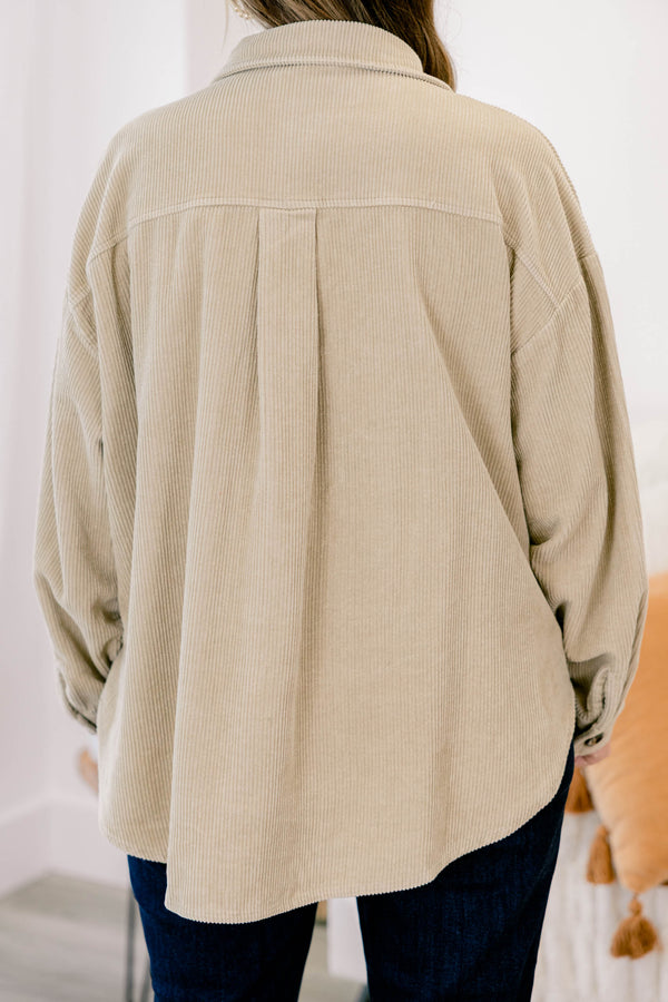 Chic Soul plus size clothing, light tan long sleeve corduroy button up shacket with 2 front chest pockets with button closures 
