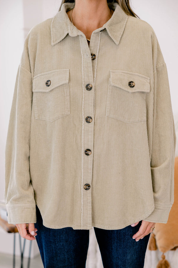 Chic Soul plus size clothing, light tan long sleeve corduroy button up shacket with 2 front chest pockets with button closures 
