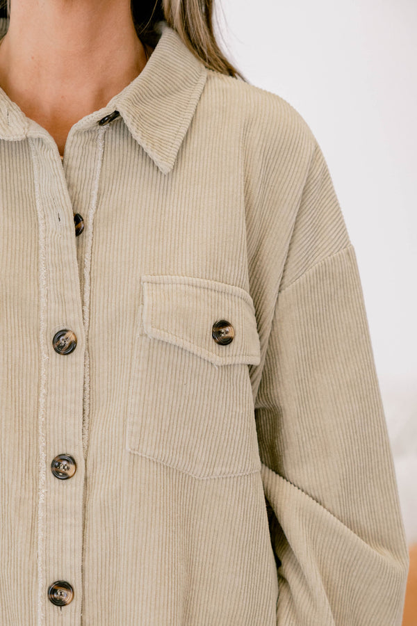 Chic Soul plus size clothing, light tan long sleeve corduroy button up shacket with 2 front chest pockets with button closures 
