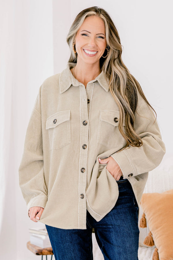 Chic Soul plus size clothing, light tan long sleeve corduroy button up shacket with 2 front chest pockets with button closures 
