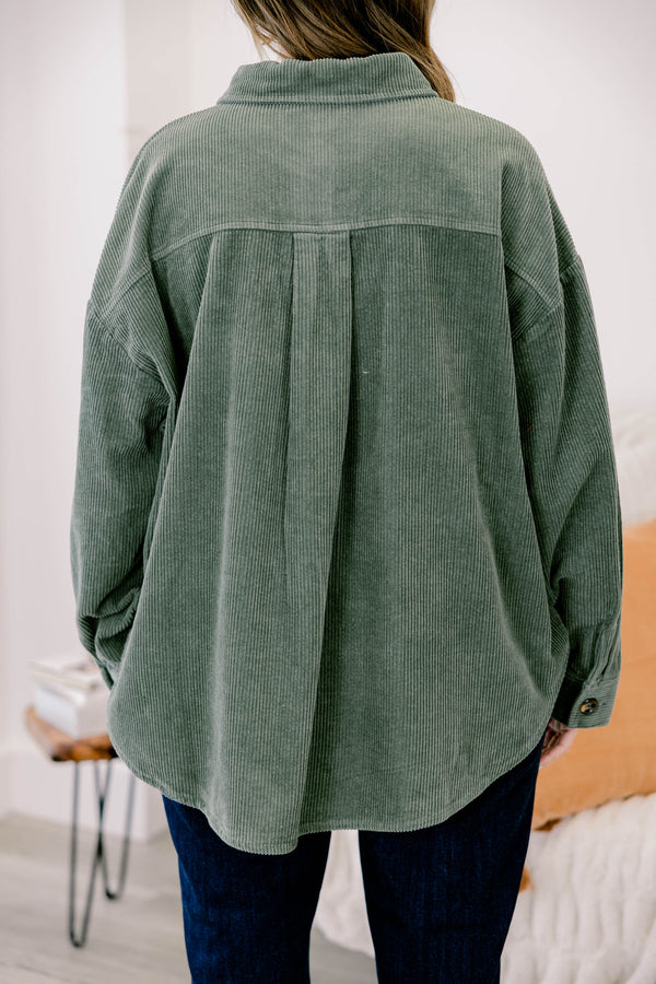 Chic Soul plus size clothing, olive green long sleeve corduroy button up shacket with 2 front pockets