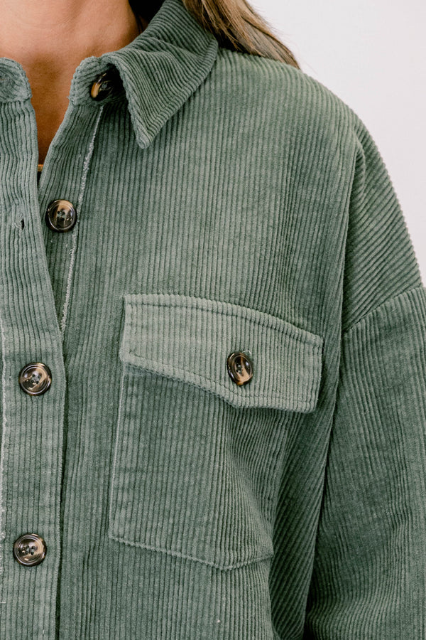 Chic Soul plus size clothing, olive green long sleeve corduroy button up shacket with 2 front pockets