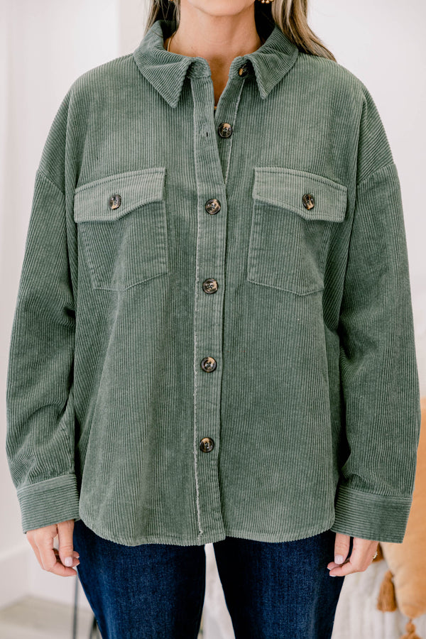 Chic Soul plus size clothing, olive green long sleeve corduroy button up shacket with 2 front pockets