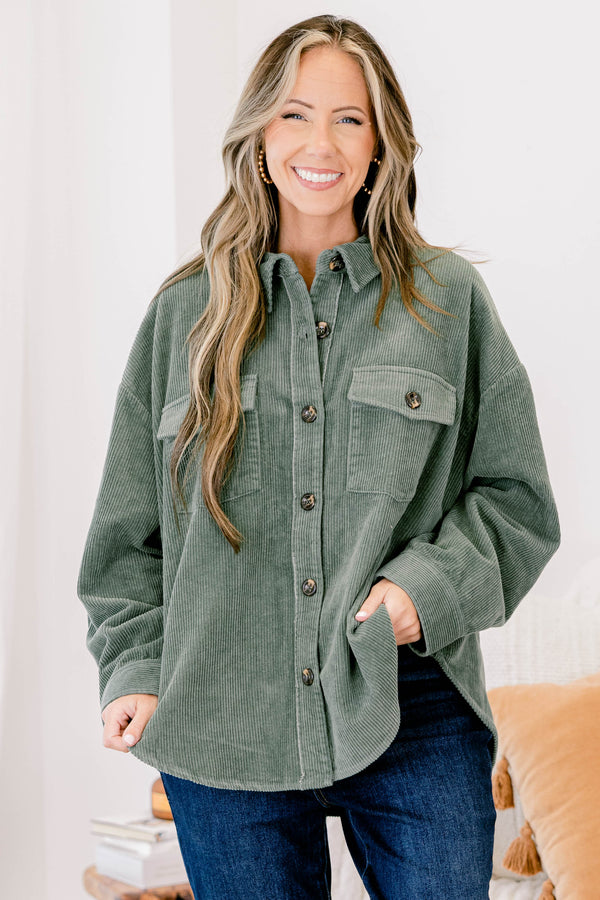 Chic Soul plus size clothing, olive green long sleeve corduroy button up shacket with 2 front pockets