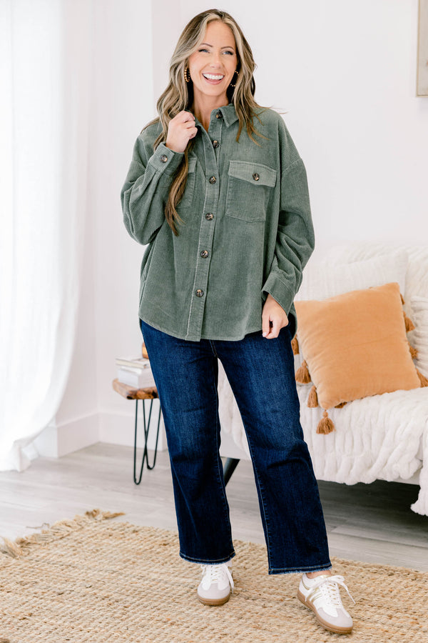 Chic Soul plus size clothing, olive green long sleeve corduroy button up shacket with 2 front pockets