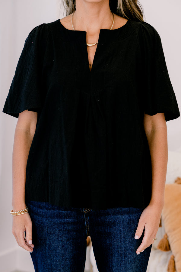Chic Soul plus size clothing, black short sleeve v-neck flowy top
