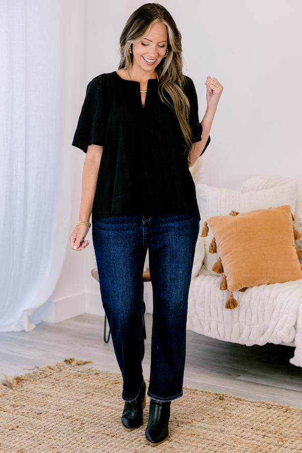 Chic Soul plus size clothing, black short sleeve v-neck flowy top
