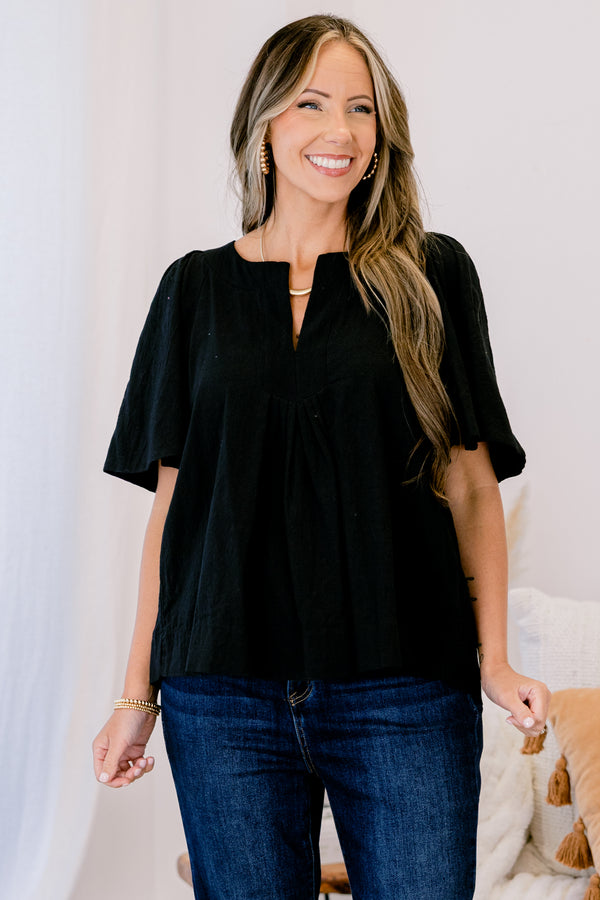 Chic Soul plus size clothing, black short sleeve v-neck flowy top
