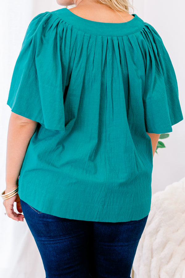 Chic Soul plus size clothing, emerald green short sleeve flowy sleeve top with slim v-neck detail