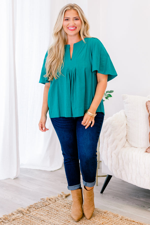 Chic Soul plus size clothing, emerald green short sleeve flowy sleeve top with slim v-neck detail