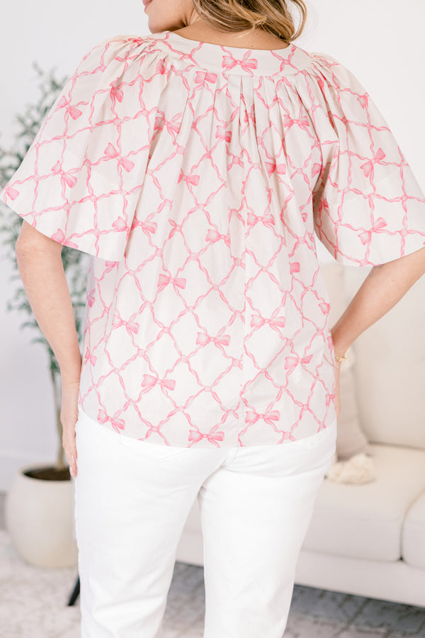 Chic Soul plus size clothing, pink bow pattern short bell sleeve baby doll top with v neckline cutout