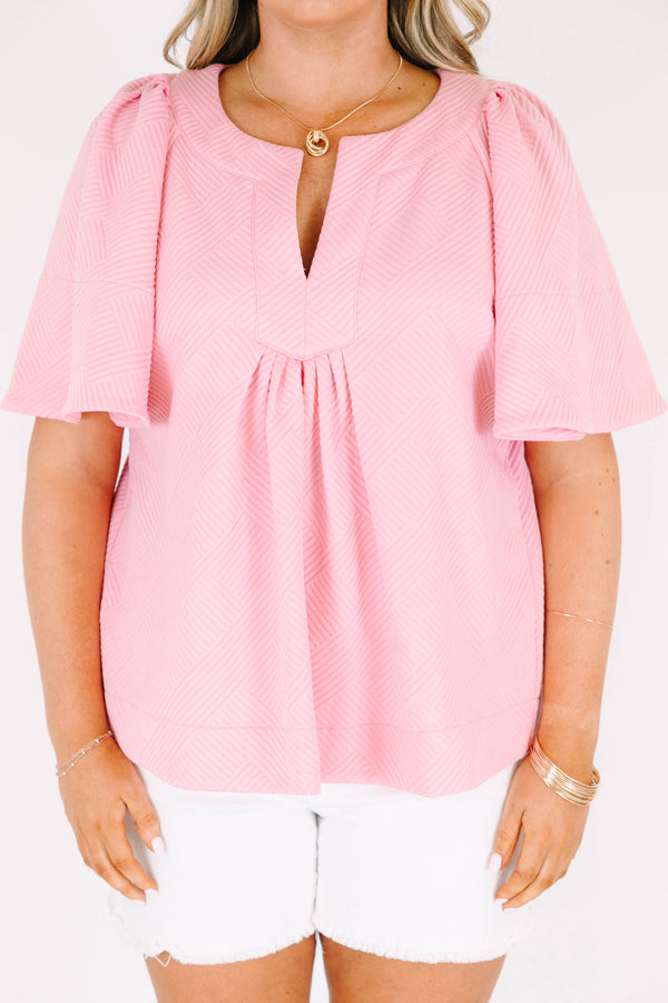 Chic Soul plus size clothing, short-sleeve pink textured top with a split-v-neckline and subtle smocking on the bodice 