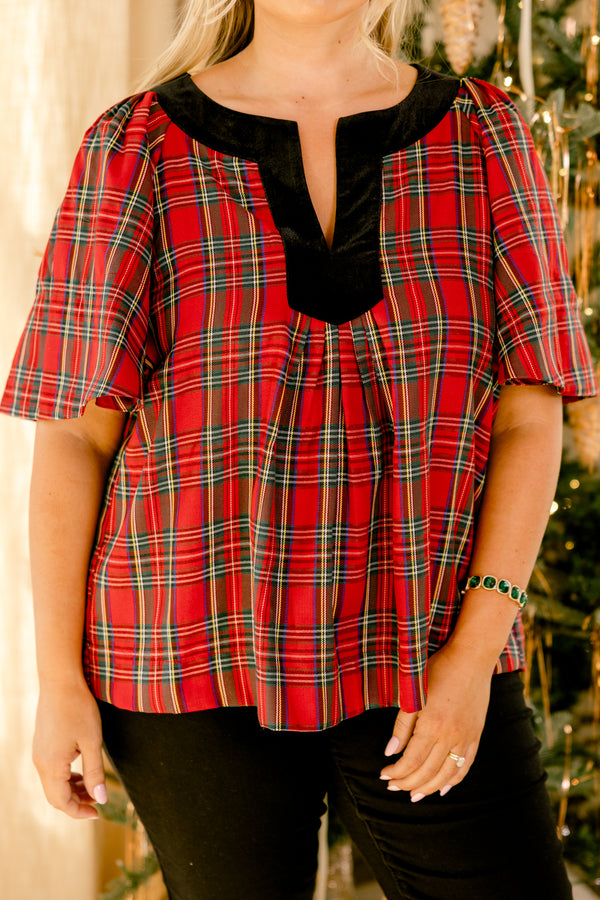 Chic Soul plus size clothing, red plaid top with flowy short sleeves and a black thick detail going along the v-neckline
