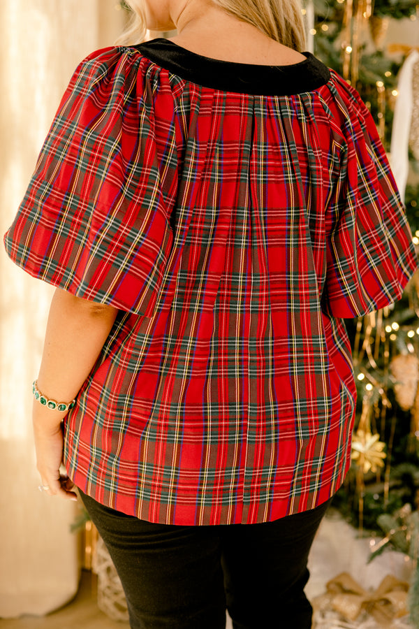 Chic Soul plus size clothing, red plaid top with flowy short sleeves and a black thick detail going along the v-neckline