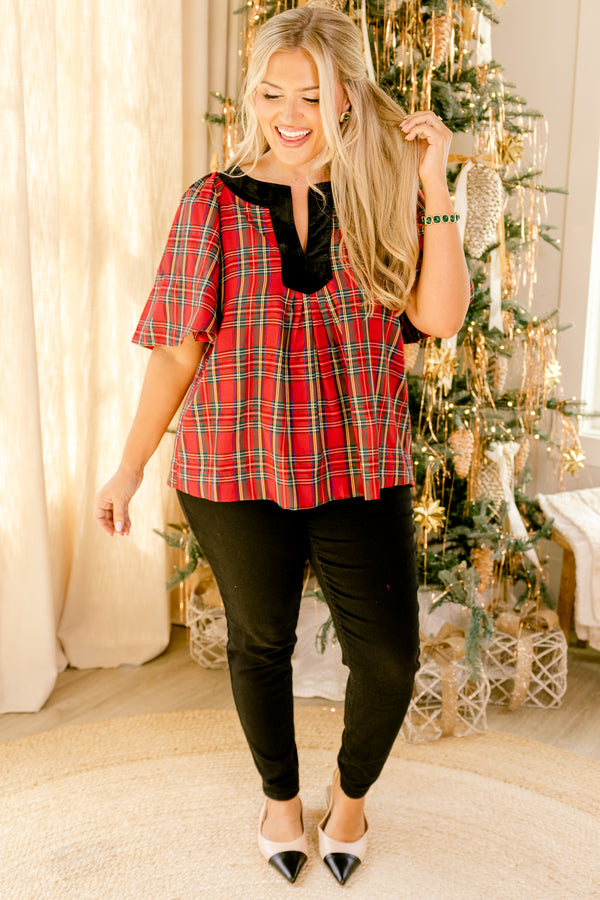 Chic Soul plus size clothing, red plaid top with flowy short sleeves and a black thick detail going along the v-neckline