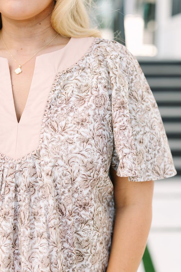 Chic Soul plus size clothing, taupe floral top with bell sleeves and a light pink thick stripe detail going along the v-neckline 