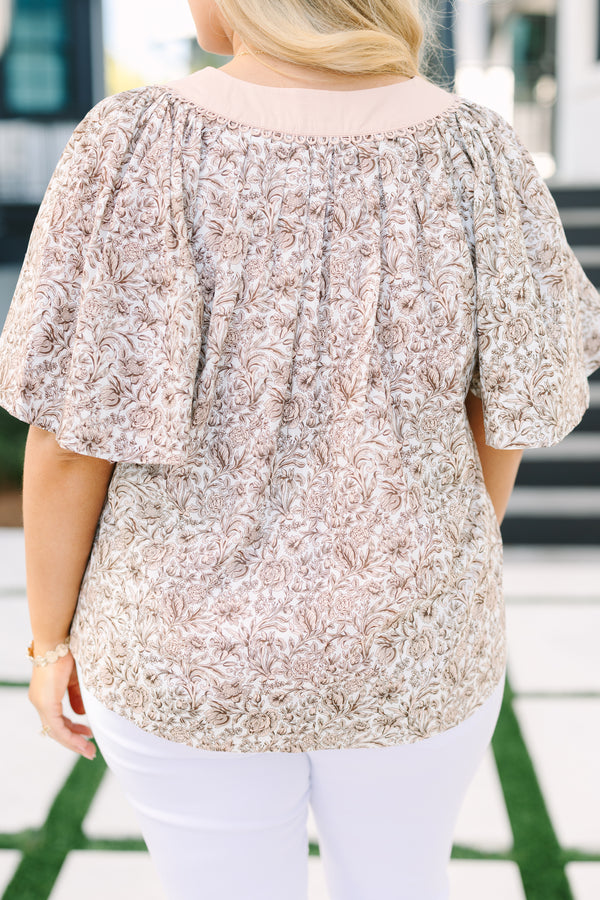 Chic Soul plus size clothing, taupe floral top with bell sleeves and a light pink thick stripe detail going along the v-neckline 