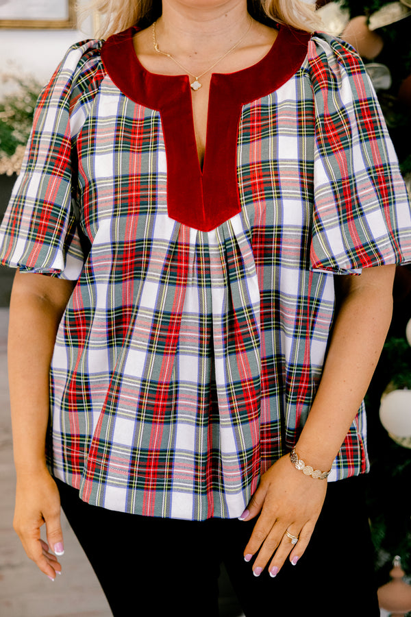 Chic Soul plus size clothing, red green and white plaid flowy short sleeve top with red velvet v-neckline trim