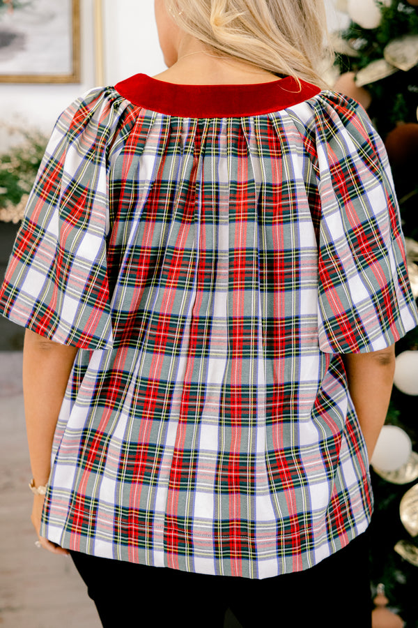 Chic Soul plus size clothing, red green and white plaid flowy short sleeve top with red velvet v-neckline trim