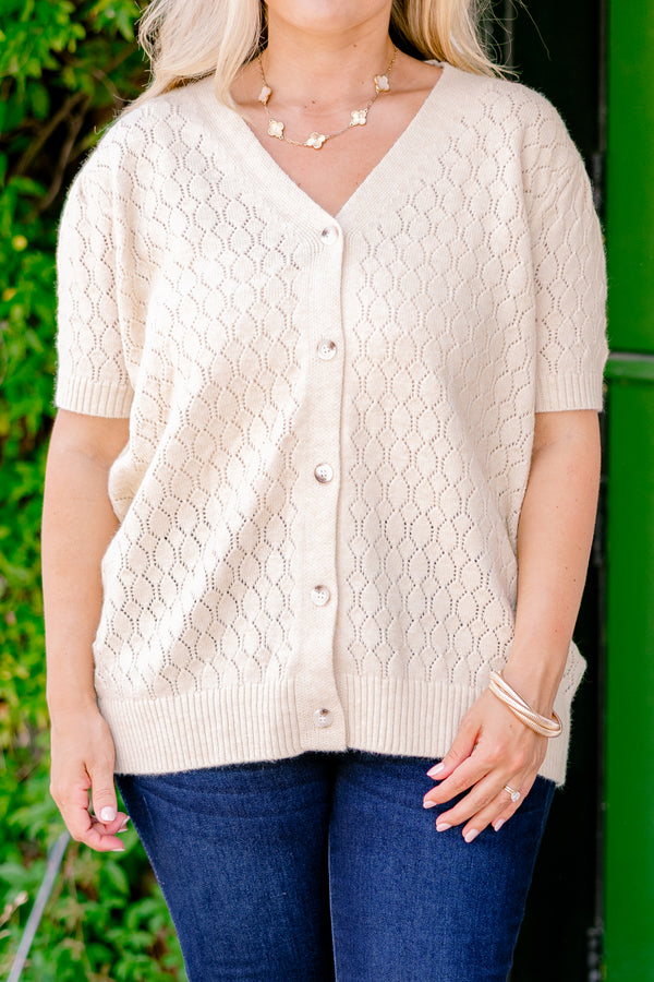 Chic Soul plus size clothing, button down cream brown knit short sleeve cardigan 