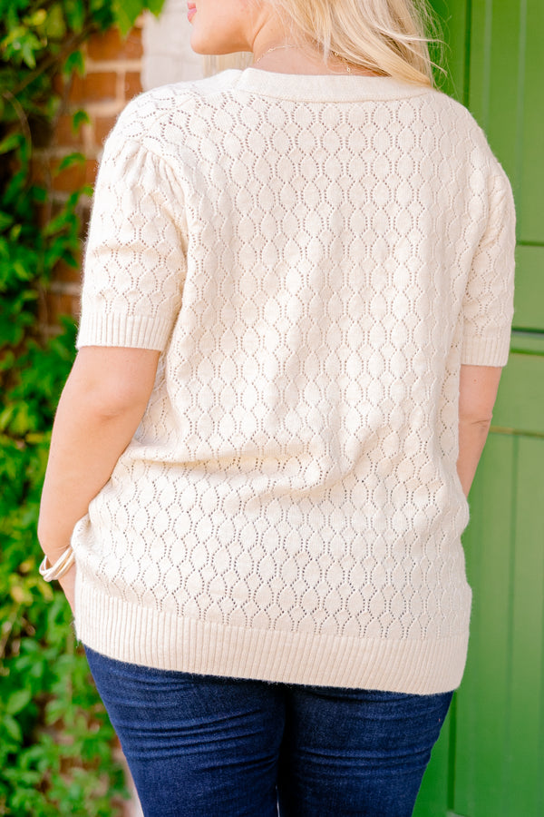 Chic Soul plus size clothing, button down cream brown knit short sleeve cardigan 
