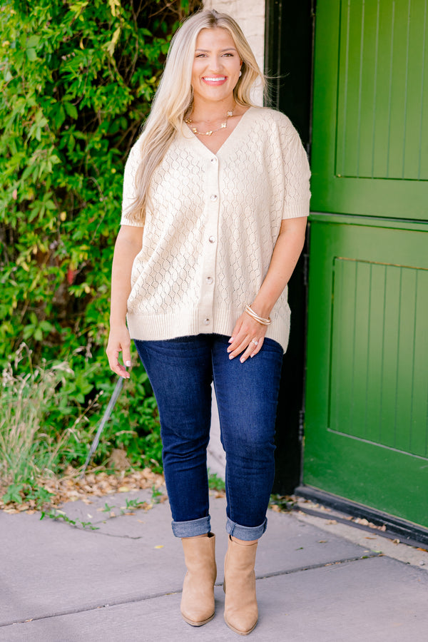 Chic Soul plus size clothing, button down cream brown knit short sleeve cardigan 