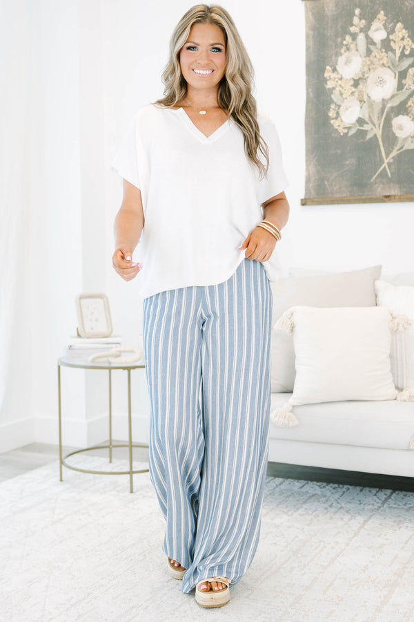 Plus Size blue and off-white vertical striped wide-leg pants with a high-waisted fit.