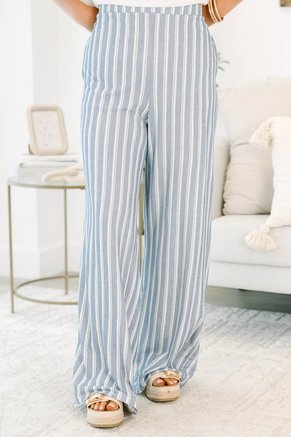 Plus Size blue and off-white vertical striped wide-leg pants with a high-waisted fit.