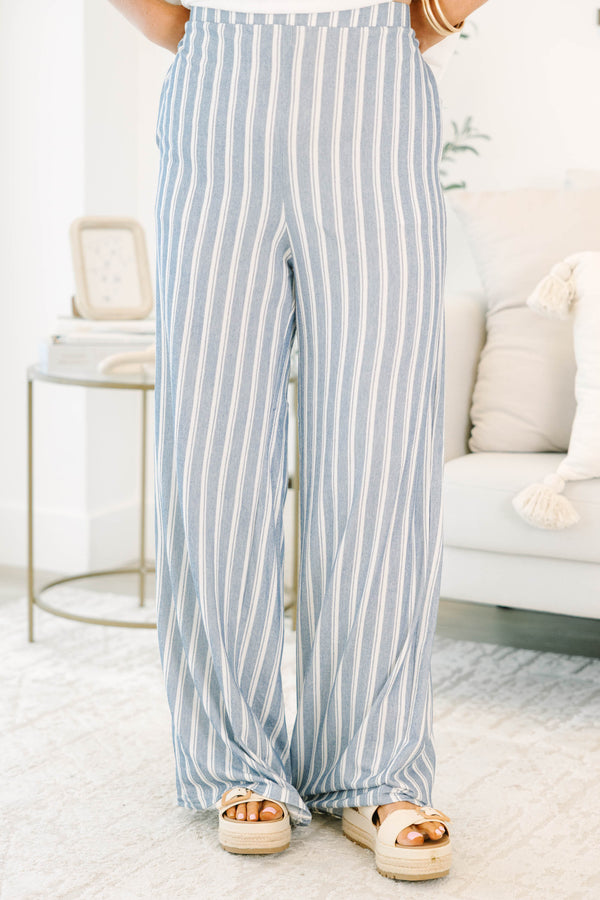 Plus Size blue and off-white vertical striped wide-leg pants with a high-waisted fit.
