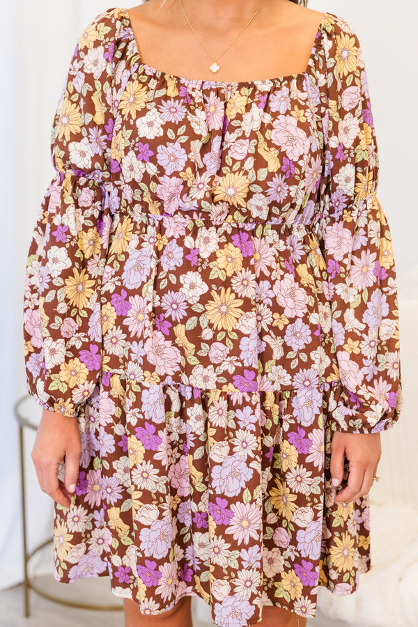 Chic Soul plus size clothing, brown long sleeve mini dress with floral purple/yellow print with square/round neckline with cuff bubble sleeves with cinched waist detail