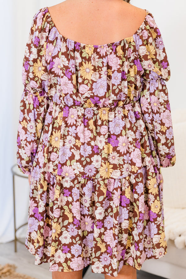 Chic Soul plus size clothing, brown long sleeve mini dress with floral purple/yellow print with square/round neckline with cuff bubble sleeves with cinched waist detail