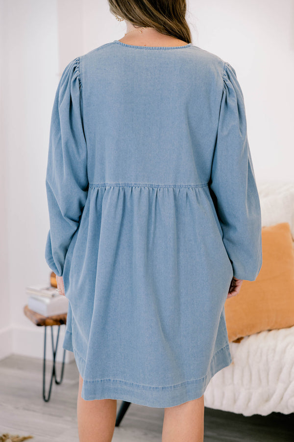 Chic Soul plus size clothing, denim long puff sleeve knee-length babydoll dress with subtle v neckline and 3 lace ties at the neckline