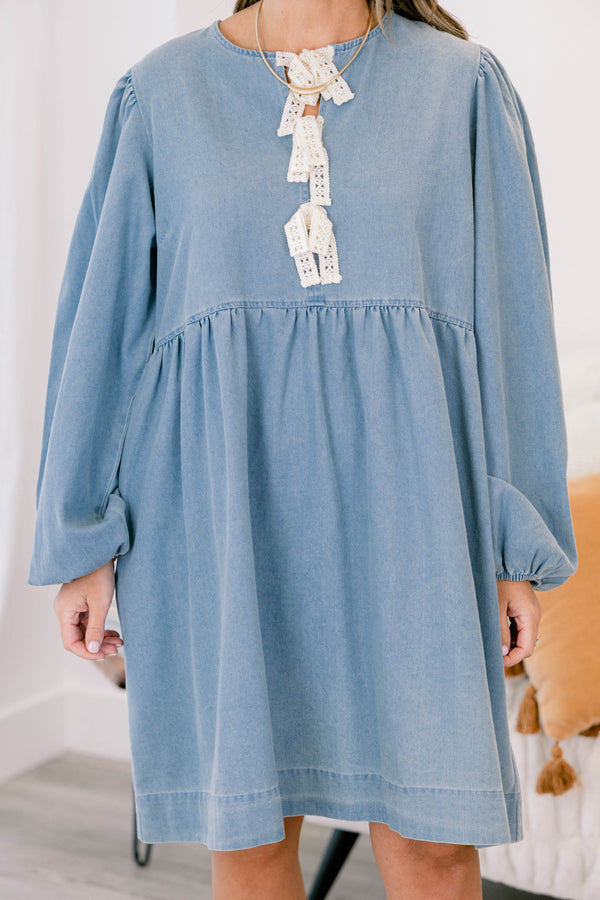 Chic Soul plus size clothing, denim long puff sleeve knee-length babydoll dress with subtle v neckline and 3 lace ties at the neckline