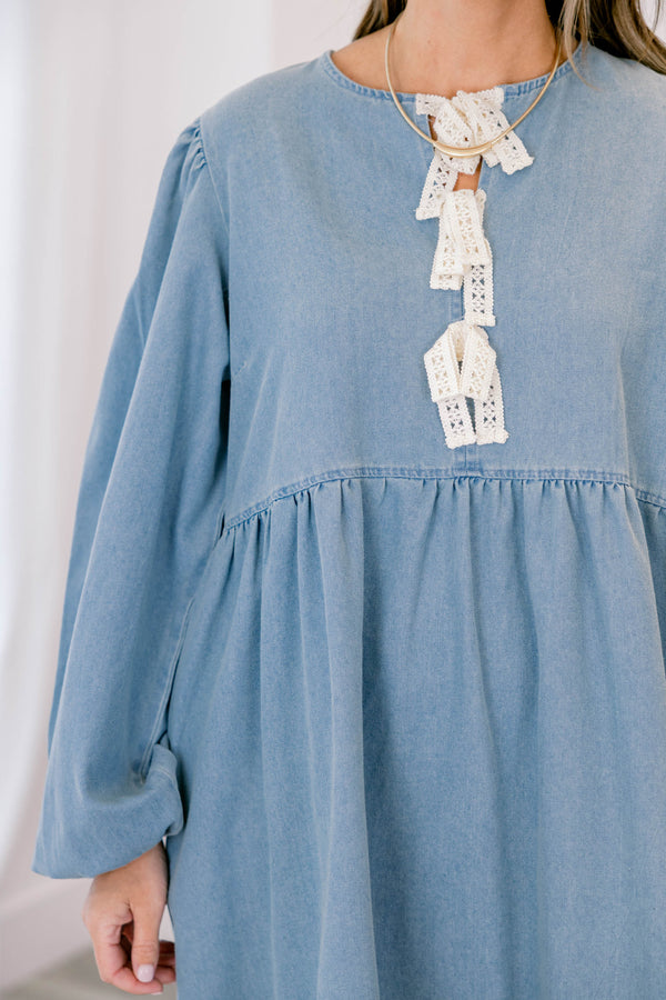 Chic Soul plus size clothing, denim long puff sleeve knee-length babydoll dress with subtle v neckline and 3 lace ties at the neckline