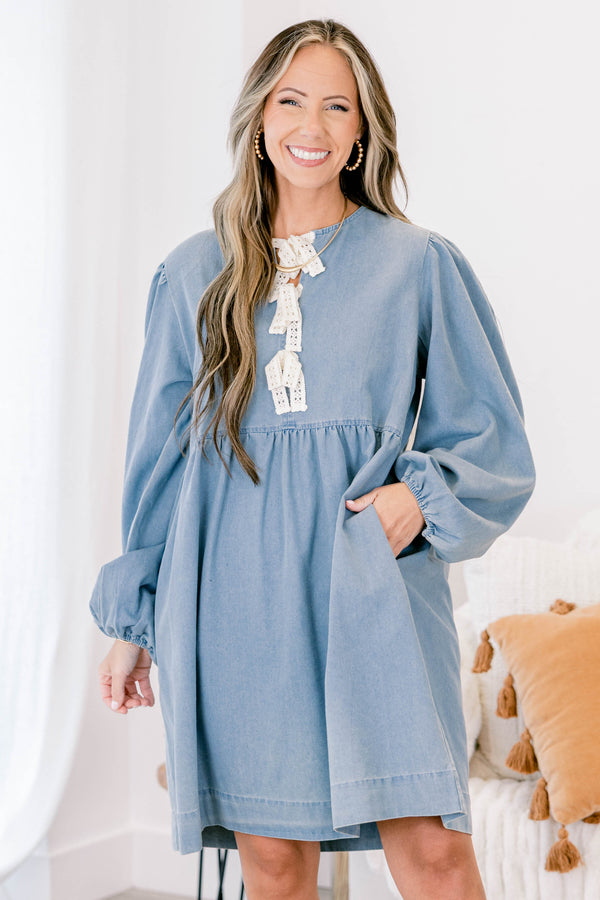 Chic Soul plus size clothing, denim long puff sleeve knee-length babydoll dress with subtle v neckline and 3 lace ties at the neckline