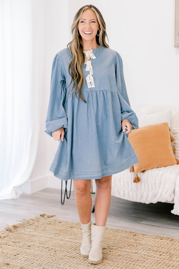 Chic Soul plus size clothing, denim long puff sleeve knee-length babydoll dress with subtle v neckline and 3 lace ties at the neckline