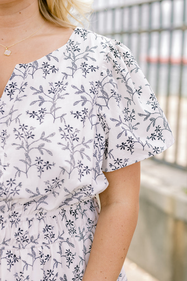 Chic Soul plus size clothing, white short sleeve tiered maxi dress with cinched waist and small black floral print all over