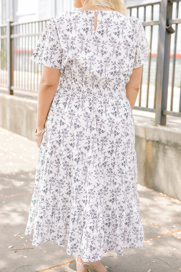 Chic Soul plus size clothing, white short sleeve tiered maxi dress with cinched waist and small black floral print all over