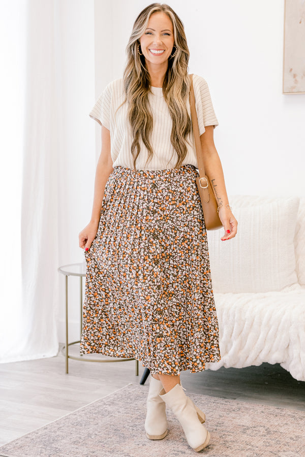 Chic Soul plus size clothing, brown, white, and orange small floral print pleated midi skirt