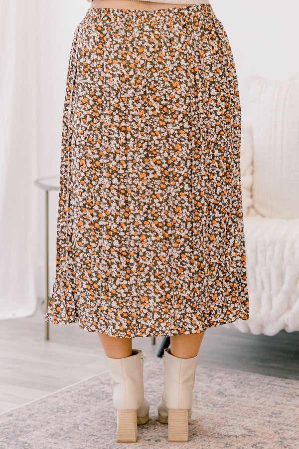 Chic Soul plus size clothing, brown, white, and orange small floral print pleated midi skirt