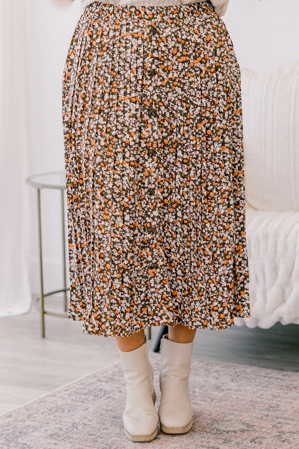 Chic Soul plus size clothing, brown, white, and orange small floral print pleated midi skirt